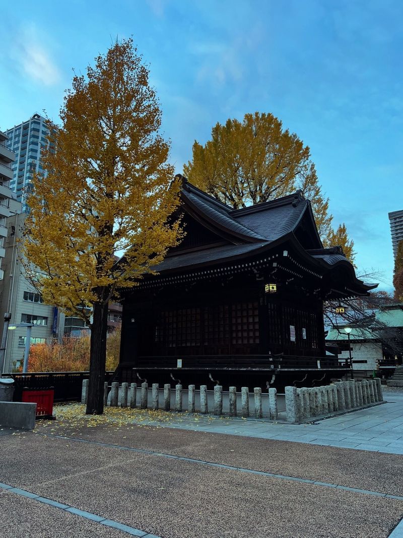 A Japanese shrine framed by brilliant yellow ginkgo leaves