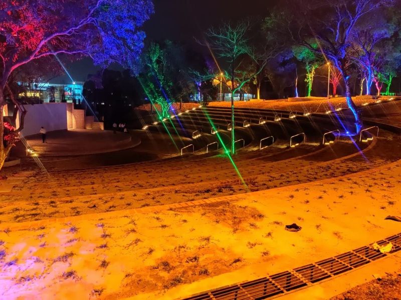 Trees and amphitheater steps glowing with multicolored lights at night